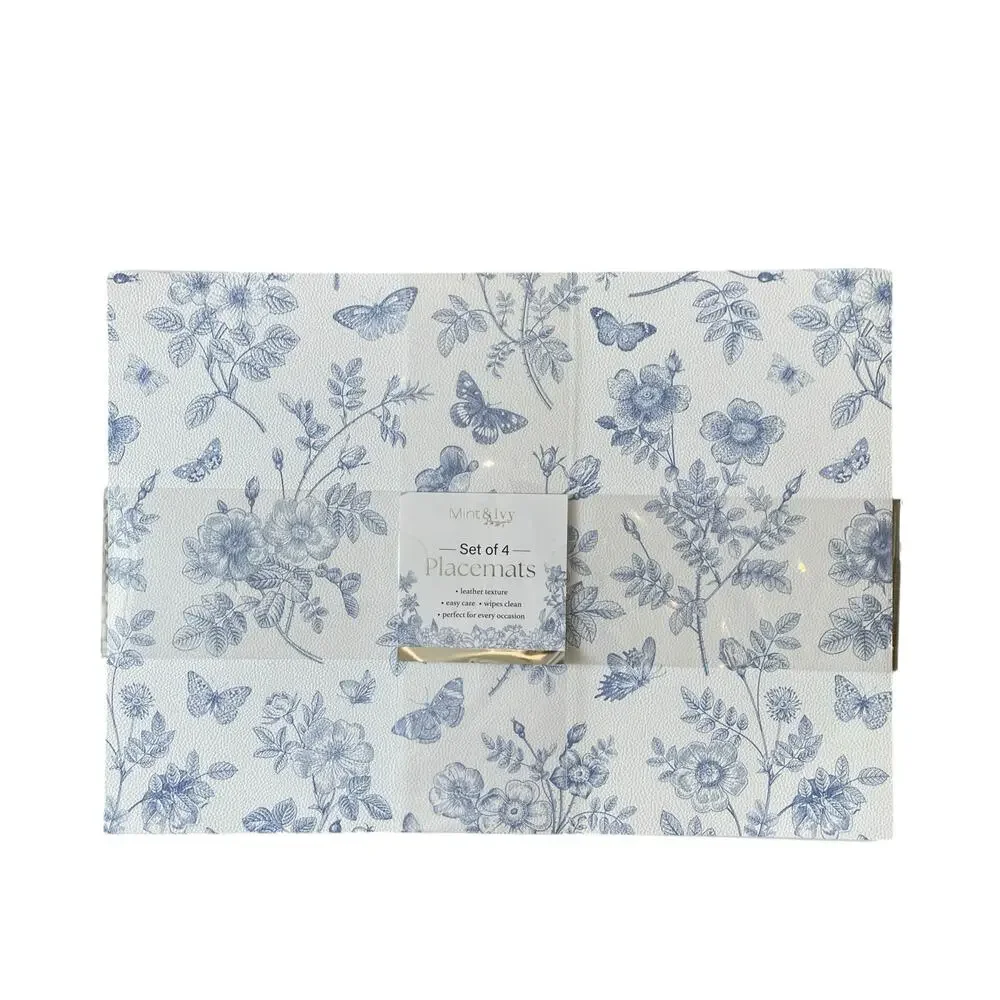 Mint & Ivy Faux Leather Placemats 13x18 Blue & White Floral Butterfly Set of 4